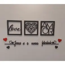 Kit 3 Quadros Decorativos + Frase Com 2 Mini Apliques de Coração Frase de Parede Quarto Ou Sala