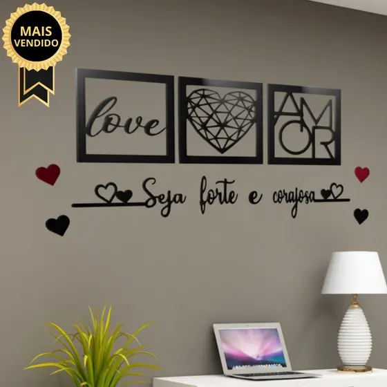 KIT QUADROS DECORATIVOS DE 30 CM + FRASE SEJA FORTE E CORAJOSA FRASE DE PAREDE QUARTO OU SALA