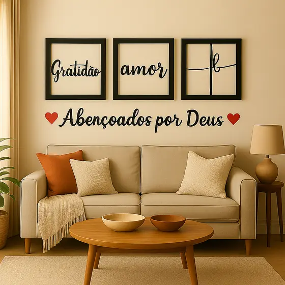 Kit 3 Quadros Decorativos + Frase Com 2 Mini Apliques de Coração Frase de Parede Quarto Ou Sala