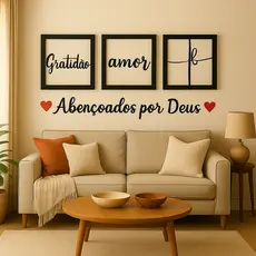 Kit 3 Quadros Decorativos + Frase Com 2 Mini Apliques de Coração Frase de Parede Quarto Ou Sala