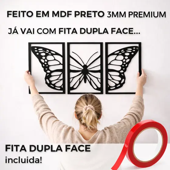Trio de Quadros Decorativo Borboleta MDF Preto Fosco Sala ou Quarto + Fita Dupla Face