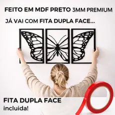 Trio de Quadros Decorativo Borboleta MDF Preto Fosco Sala ou Quarto + Fita Dupla Face