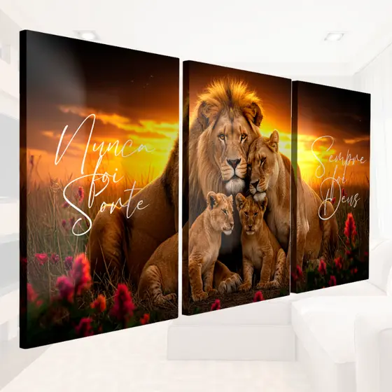 KIT QUADRO DECORATIVO FAMILIA DE LEÃO NUNCA FOI SORTE RELIGIOSO PAREDE QUARTO SALA PROMOÇÃO
