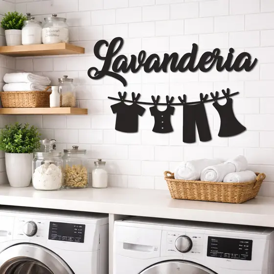 Kit Quadro decorativo plaquinhas cantinho da lavanderia em MDF preto já com fita dupla face