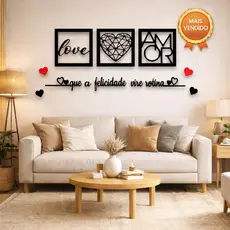Kit 3 Quadros Decorativos + Frase Com 2 Mini Apliques de Coração Frase de Parede Quarto Ou Sala