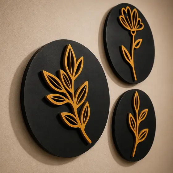 Trio Quadros Redondos Decorativos Moderno Decoração Mdf Flor Folhagem