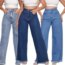 Calça Jeans Feminina Cintura Alta Wide Leg Com Bolso