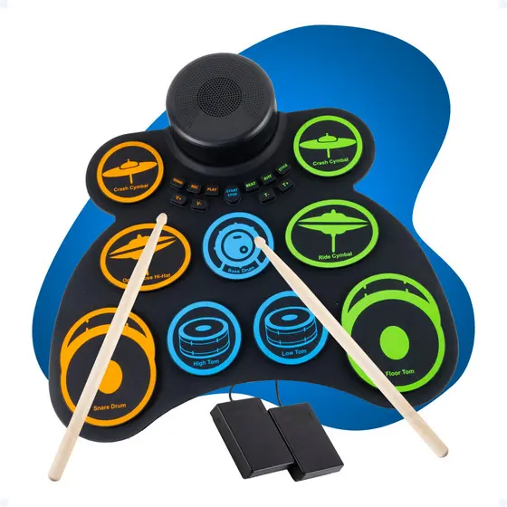 Bateria Eletrônica Musical Digital Drum Dobrável Portátil Completa Baquetas Pedais Entrada Fone