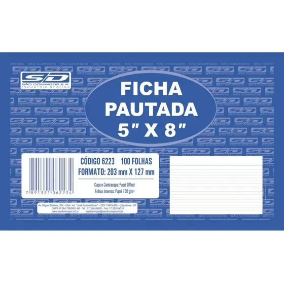 Fichas Pautadas 5"x8" (203mmX127mm) em Papel Cartão para Flash Card Anotações Tamanhos