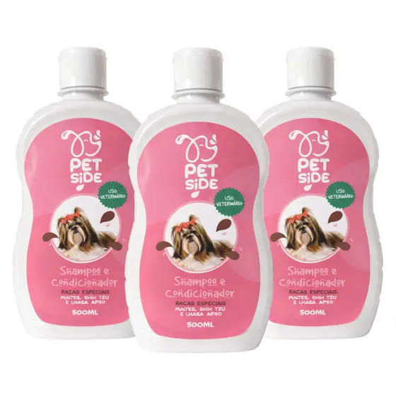 Kit 3 Shampoo & Condicionador Para Cães Shitzu Lhasa Apso Maltês Pelagem Longa Banho Petshop