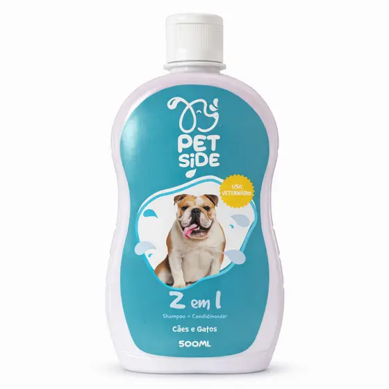 Shampoo 2 em 1 para Cães e Gatos Pet Side 500ml Shampoo + Condicionador Cachorro Banho Petshop
