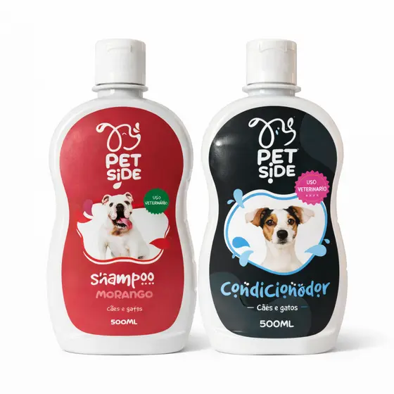 Kit Shampoo Morango + Condicionador Para Cães e gatos Petside 500ml Banho Petshop