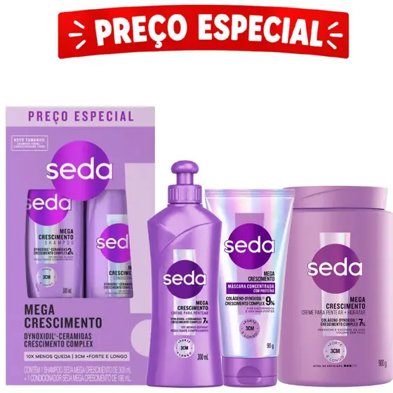 Seda Mega Crescimento Shampoo Condicionador Máscara Creme para Pentear