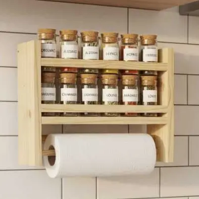 Suporte Porta Tempero condimento parede madeira prateleira porta papel toalha filme alúminio