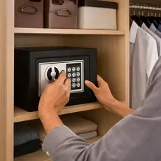 cofre digital eletrônico segurança senha teclado chave preta resistente compacto casa escritório