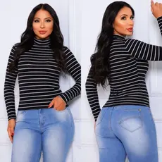 Blusa Envio Rápido Cacharrel Inverno Canelada Manga Longa Casual Gola alta Justa