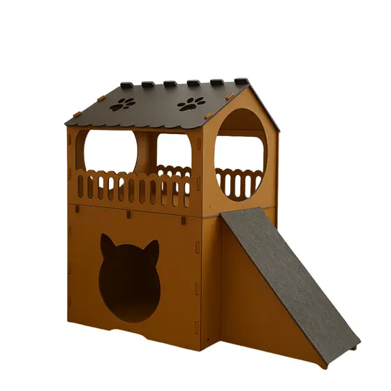 Casa para Gatos Beliche Dois Andares Toca Cama em Mdf Caramelo Arranhador Rampa Brinquedo Diversão