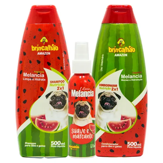 Kit Nutrição Shampoo Condicionador e Colônia Perfume Cães e Gatos Melancia Brincalhão