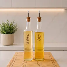 Kit 2 Galheteiros de Vidro 500ml | Bico Dosador Cortiça |  Vinagre | Azeite | Óleo