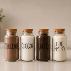 Kit Cantinho do Café | Café, Açúcar, Leite em Pó, Chocolate | 4 Potes de Vidro | Mantimento