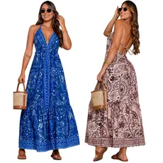 KIT 2 Vestido Longo Feminino Boho Estampado Moda Praia Casual Elegante Verão Tendência Leve Confortável Soltinho