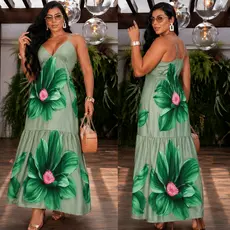 Vestido Longo Feminino Floral Azul Santorine Alça Fina Regulável Tendencia Moda Verão M G Floral Chic