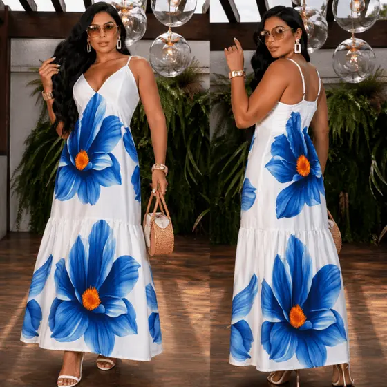Vestido Longo Floral Feminino Santorine Alça Fina Verão Elegante M G Alça Regulável Leve Solto Confortável