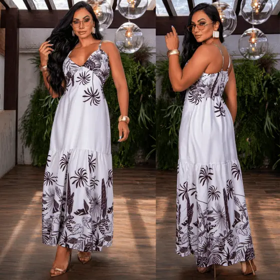 Vestido Longo Feminino Verão Estampa Floral Santorine Tendência M G Leve Solto Confortável