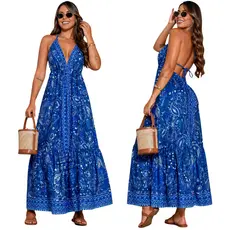 Vestido Longo Boho Feminino Estampado Soltinho Moda Verão Casual Estampado Moda Praia Casual Elegante Tendência