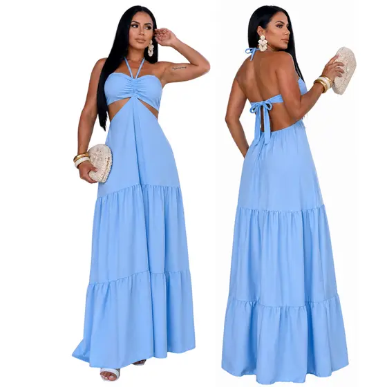 Vestido Longo Feminino Crepinho Costas Abertas Elegante Verão M G Decote Frente Única Costas Abertas Elegante