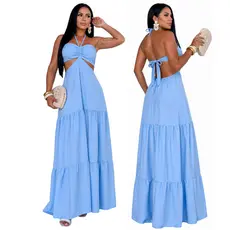 Vestido Longo Feminino Crepinho Costas Abertas Elegante Verão M G Decote Frente Única Costas Abertas Elegante