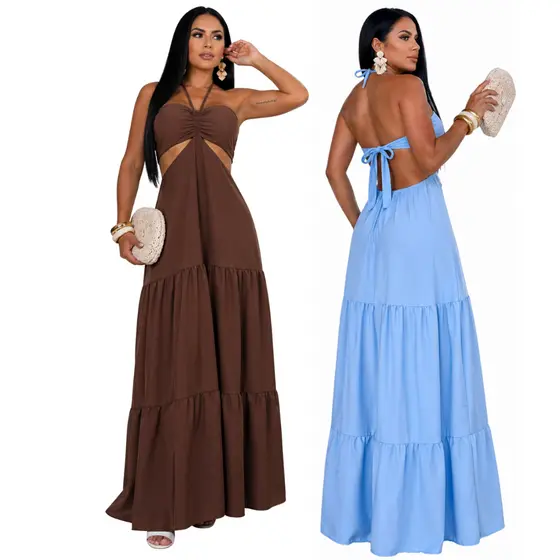KIT 2 Vestido Longo Feminino Crepinho Costas Abertas Decote Elegante Moda Verão M G Vestido Fluido Vestido Casual Chic