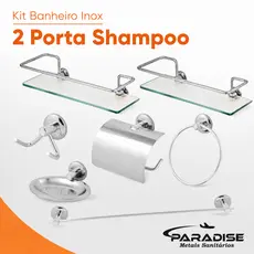 Kit Acessórios Para Banheiro Inox 2 Porta Shampoo Reto Vidro