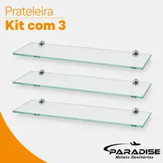 Kit 3 Prateleiras Vidro Incolor 30x10cm Porta Shampoo Banheiro com Suporte