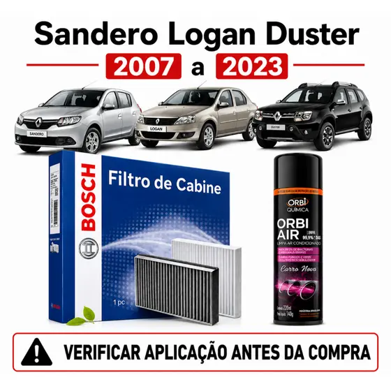 Kit Filtro Ar Condicionado + Higienizador Sandero Logan Duster 2007 a 2023