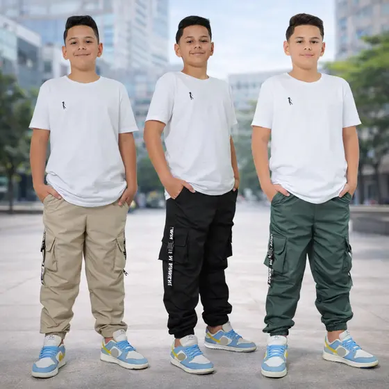 Calça Juvenil Jogger Cargo Infantil Menino Preta Verde Bege Tamanho 4 6 8 10 12 14 Anos 4 Bolsos Street Moda T