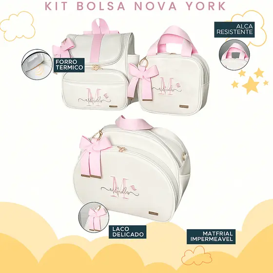 Kit Maternidade 3 Peças Bolsa, Mochila e Bolsa Média Personalizado Térmica, Coleção Nova York