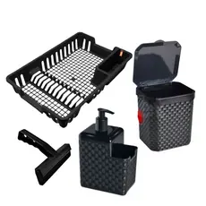 Kit Lixeira 5 Litros + Porta Detergente + Rodinho de Pia + Escorredor Louça - 2/3/4 Peças arqplast