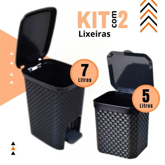 Kit Lixeira Rattan Cesto 7 Litros com Pedal + Lixeira Pia Rattan 5 Litros