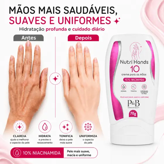 Creme Clareador Antienvelhecimento Para As Mãos Nutri Hands Com Niacinamida 10% Renovacao Celular Colageno Karite 70g