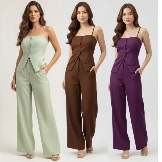 Conjunto Feminino Marrant – Calça Pantalona e Colete com Alça Regulável e Botões Elegantes