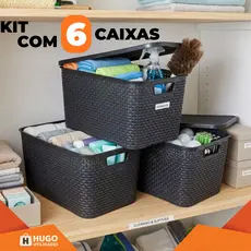 Kit 6 Cesto Caixa Organizadora Rattan 7 Litros Multiuso Preto