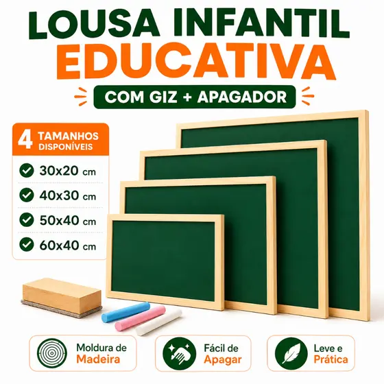 Lousa Infantil Educativa Com Giz e Apagador | Quadro Escolar de Madeira Para Desenho e Aprendizagem