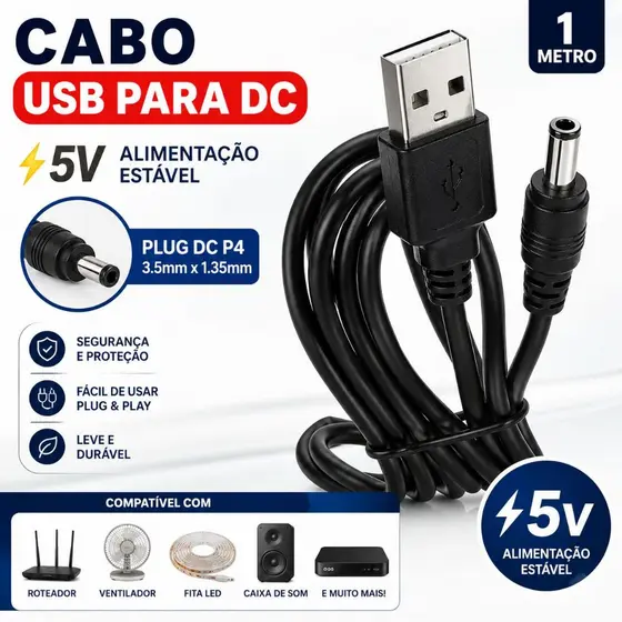 Cabo USB Macho para Plug DC P4 3.5mm x 1.35mm Energia 5V