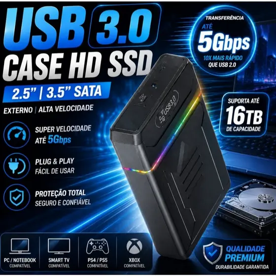 Case Hd Ssd Externo Usb 3.0 Sata 2,5"/3,5" 16tb Com Fonte Knup
