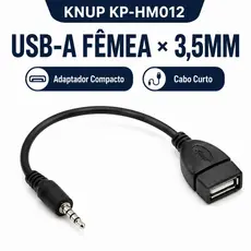 Cabo Adaptador USB-A Fêmea Para Plug 3.5mm P2 AUX KNUP KP-HM012 Curto Preto Conector USB F