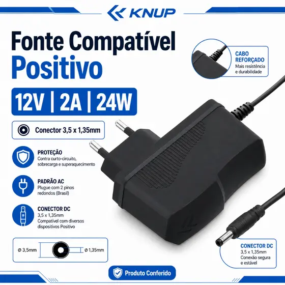 Fonte Notebook Positivo Compatível F24L9-120200SPAE 12V 2A Conector 3,5x1,35mm 24W Knup