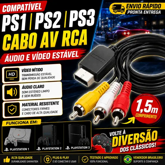 Cabo Av Compatível Playstation Ps1 Ps2 Ps3 Áudio Vídeo 1.5m
