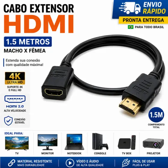 Cabo Extensor HDMI 1.5M Macho Fêmea 4K Full HD TV Monitor Notebook