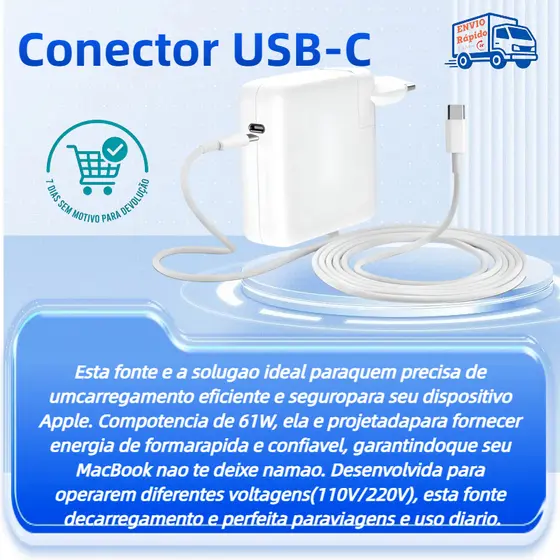 Fonte Carregador 61w Usb C Compativel Macbook Pro 2016 2017 2018 2019